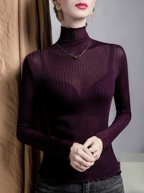 Long Sleeves Plus Size Mesh See-Through Slightly Sheer Split-Joint High Neck T-Shirts