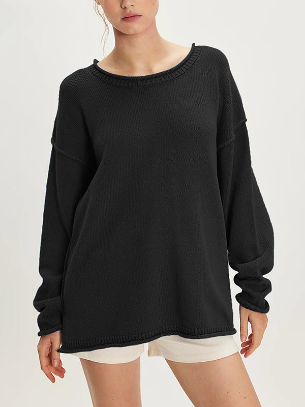 Long Sleeves Loose Solid Color Split-Joint Round-Neck Sweater Tops