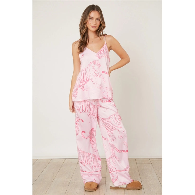 Summer Women Fashion V-Neck Tiger Cheetah Print Sling Home Pajamas Set