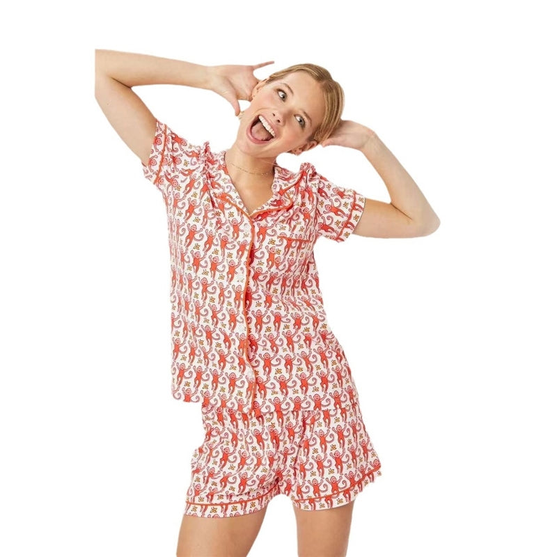 Women Fashion Casual Print Short-Sleeve Top Loose Shorts Pajamas Two-Piece Set