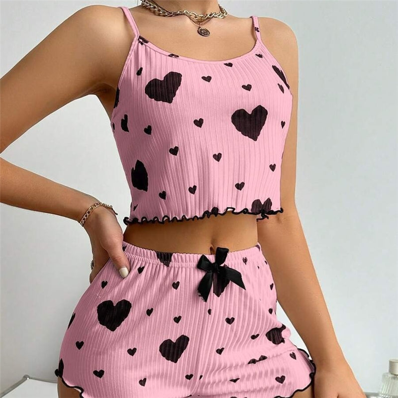 Women Fashion Sexy Strip Love Print Camisole Slim Fit Shorts Pajamas Two-Piece Set