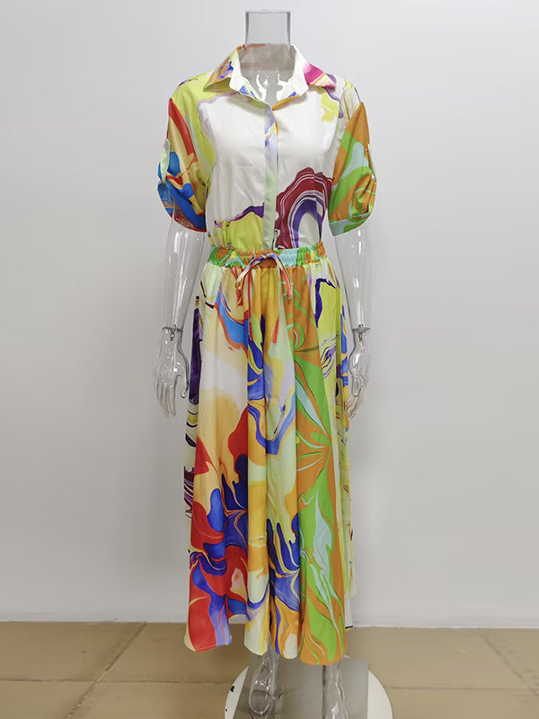 Loose Asymmetric Printed Lapel Blouse + A-Line Drawstring Elasticity Skirt Two Pieces Set