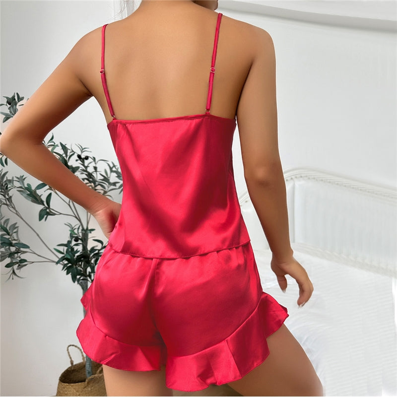 Women Fashion Sexy Solid Color Ice Silk Camisole Loose Shorts Pajamas Two-Piece Set
