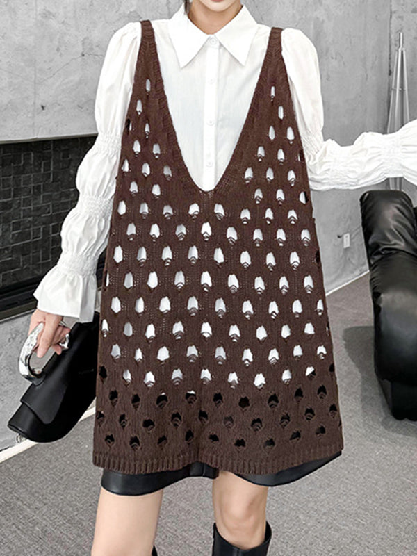 Loose Sleeveless Hollow Solid Color V-Neck Vest Top