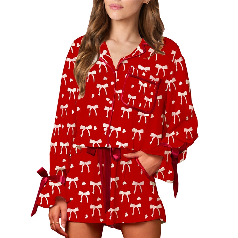 Women Fashion Casual Printed Loose Lapel Long-Sleeve Lace-Up Shorts Pajamas Two-Piece Set