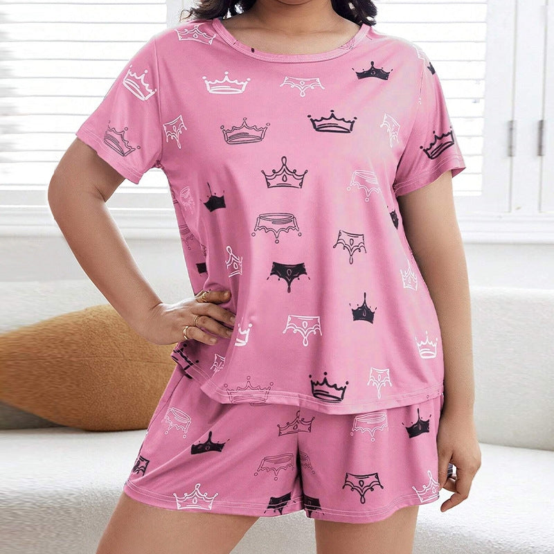 Women Fashion Casual Plus Size Printed T-Shirt Loose Shorts Pajamas Two-Piece Set