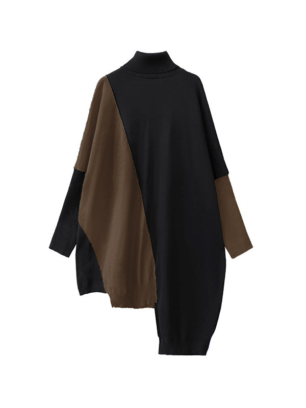 Batwing Sleeves Hipster Asymmetric Contrast Color Split-Joint High-Neck Midi Dresses Sweater Dresses