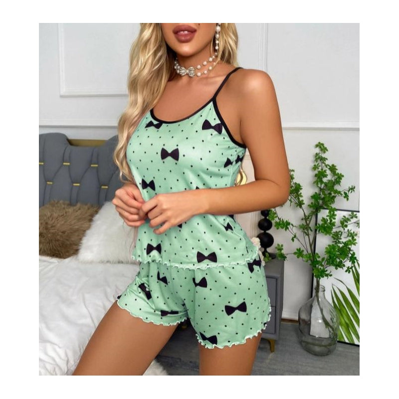 Summer Women Fashion Sexy Dot Bow Printed Camisole Shorts Home Pajamas Two-Piece Set