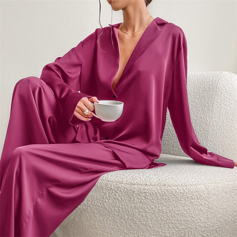 Women Fashion Casual Solid Color Ice Silk Lapel Long-Sleeve Loose Pants Pajamas Two-Piece Set