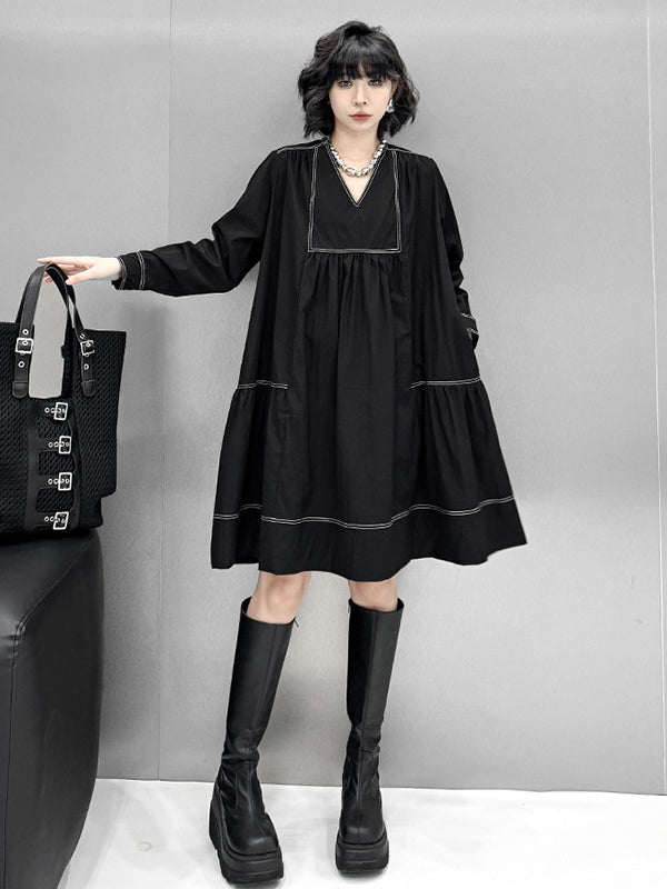 A-Line Long Sleeves Comfort Contrast Color Pleated V-Neck Mini Dresses