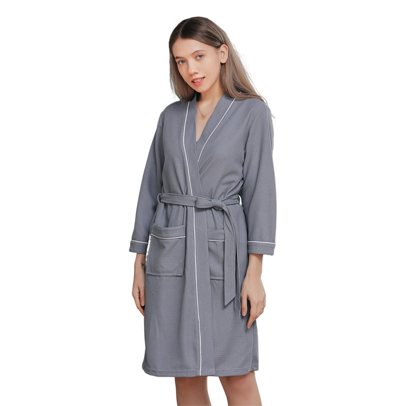 Fashion Casual Contrast Color Waffe Bathrobe Lace-Up Nightgown