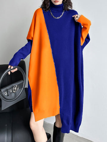 Batwing Sleeves Hipster Asymmetric Contrast Color Split-Joint High-Neck Midi Dresses Sweater Dresses