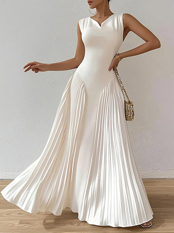 A-Line Loose Pleated Solid Color V-Neck Maxi Dresses