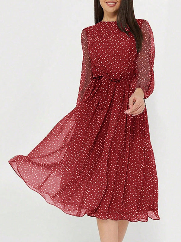 A-Line High Waisted Polka-Dot Tied Waist Round-Neck Midi Dresses