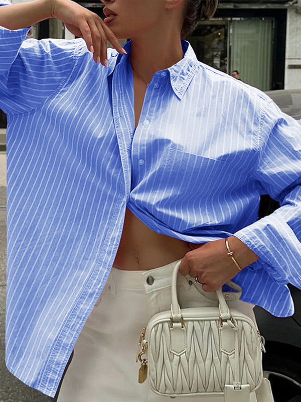 Long Sleeves Loose Buttoned Contrast Color Pockets Striped Lapel Blouses&Shirts Tops
