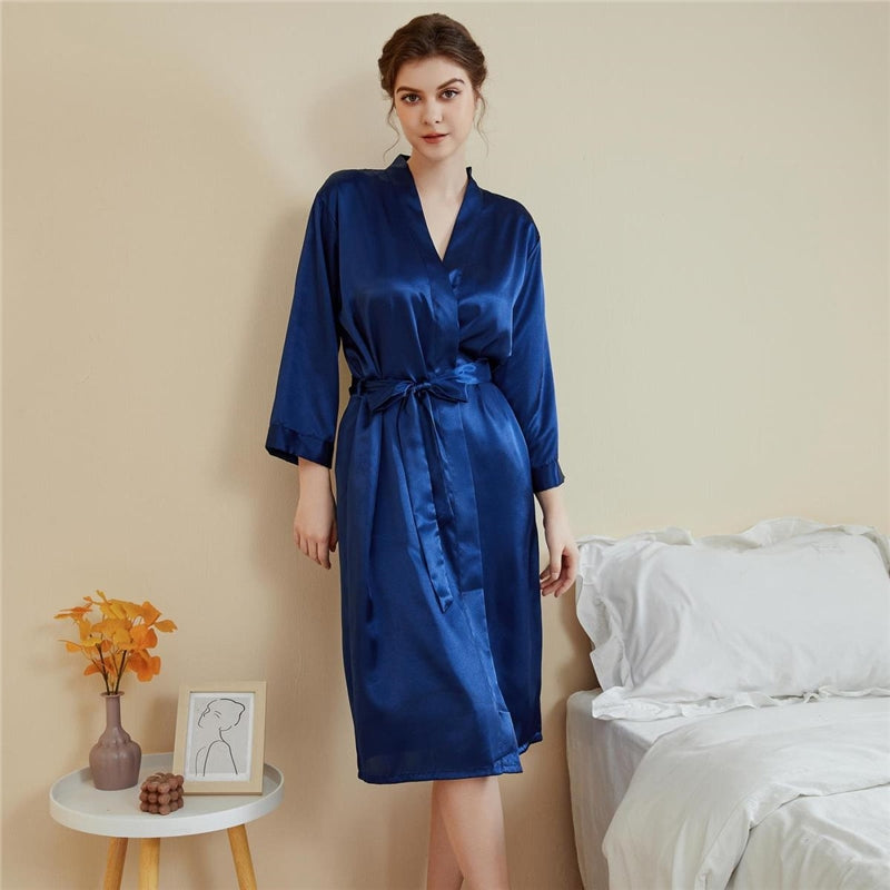 Women Fashion Solid Color Satin Long-Sleeve Lace-Up Loose Pajamas