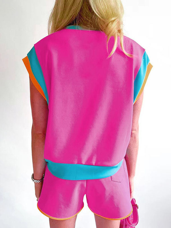 Contrast Color Short Sleeves Round-Neck T-Shirt + Elasticity Shorts Two Pieces Set
