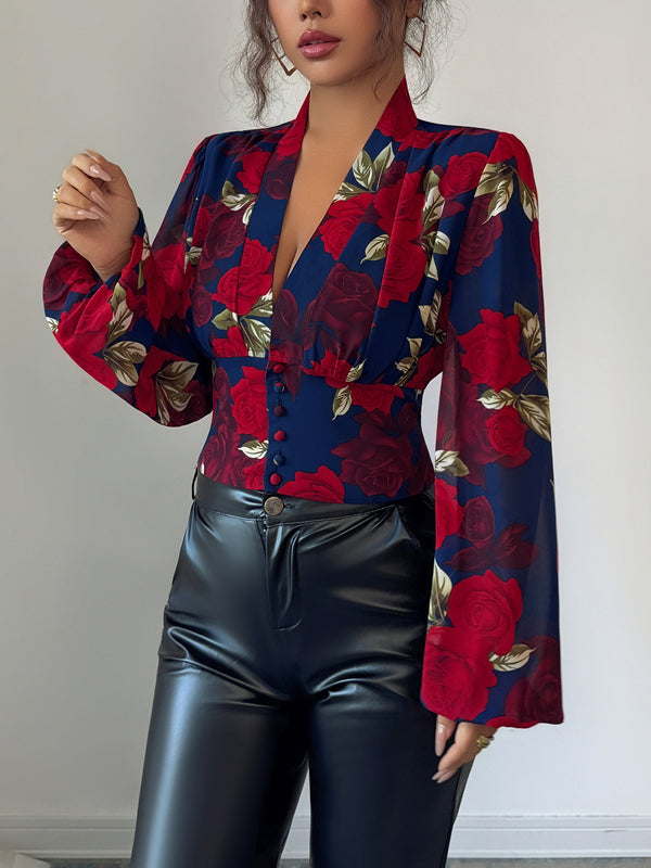 Long Sleeves Puff Sleeves Buttoned Flower Print Deep V-Neck Blouses&Shirts Tops