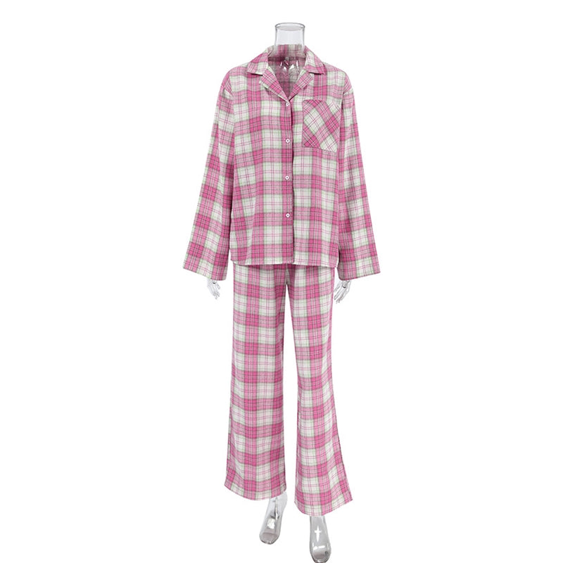 Women Fashion Casual Red Plaid Long Sleeve Lapel Top Loose Pants Pajamas Set