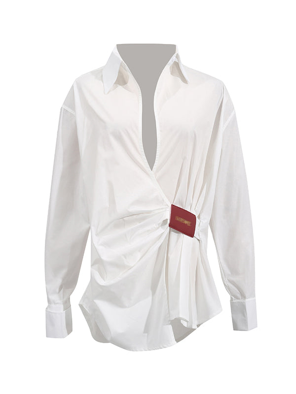 Long Sleeves Loose Buttoned Pleated Solid Color Lapel Blouses&Shirts Tops