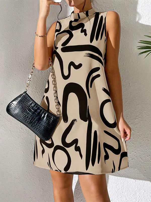 A-line Sleeveless Contrast Color Printed Mini Dresses