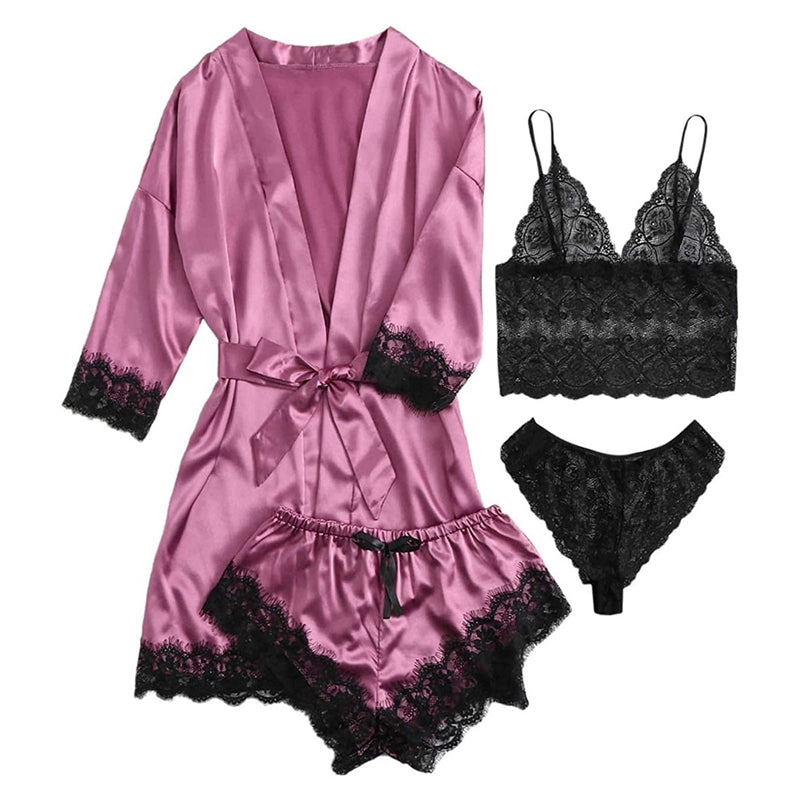 Sexy Women Lace Splicing Straps Long Sleeves Home Pajamas Four-Piece Set