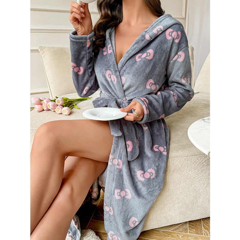 Women Fashion Casual Autumn And Winter Printed Plush Loose Long-Sleeve Lace-Up Hoodies Pajamas