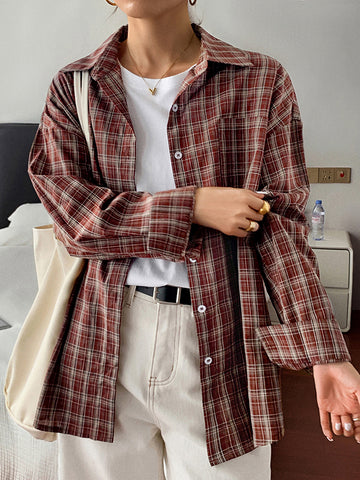 Long Sleeves Loose Buttoned Plaid Lapel Blouses&Shirts Tops