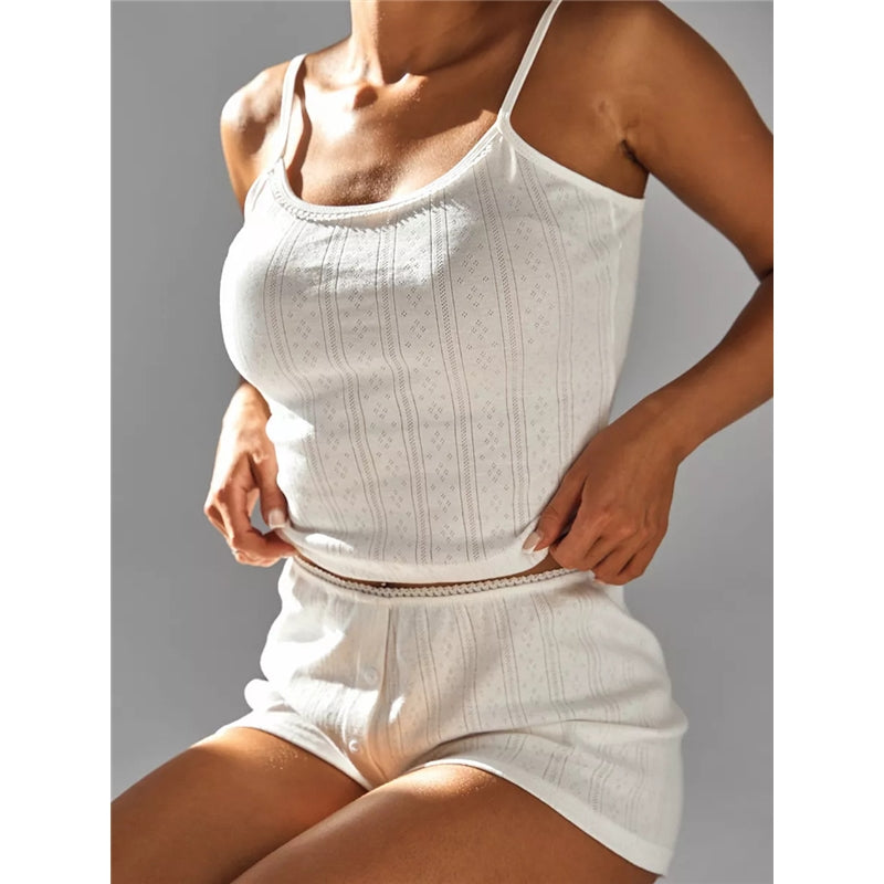 Women Fashion Sexy Jacquard Hollow-Out Camisole Slim-Fit Shorts Pajamas Two-Piece Set