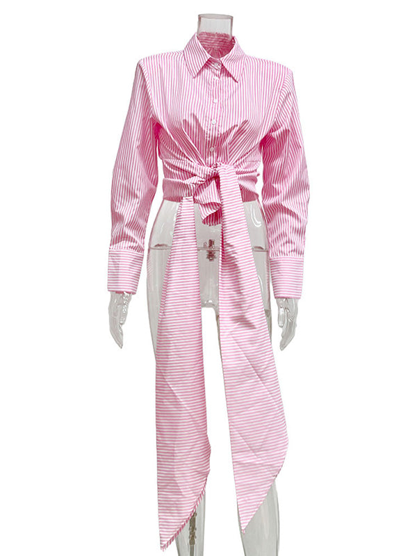 Long Sleeves Loose Asymmetric Split-Joint Striped Lapel Blouses