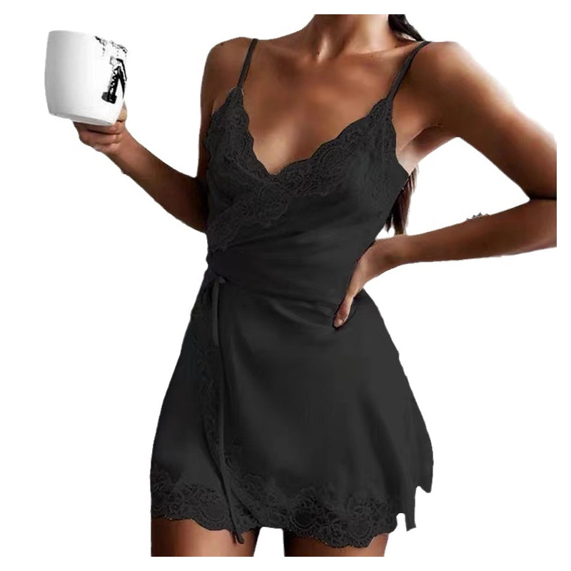 Women Fashion Sexy Solid Color Satin Lace Splicing Lace-Up Dress Pajamas