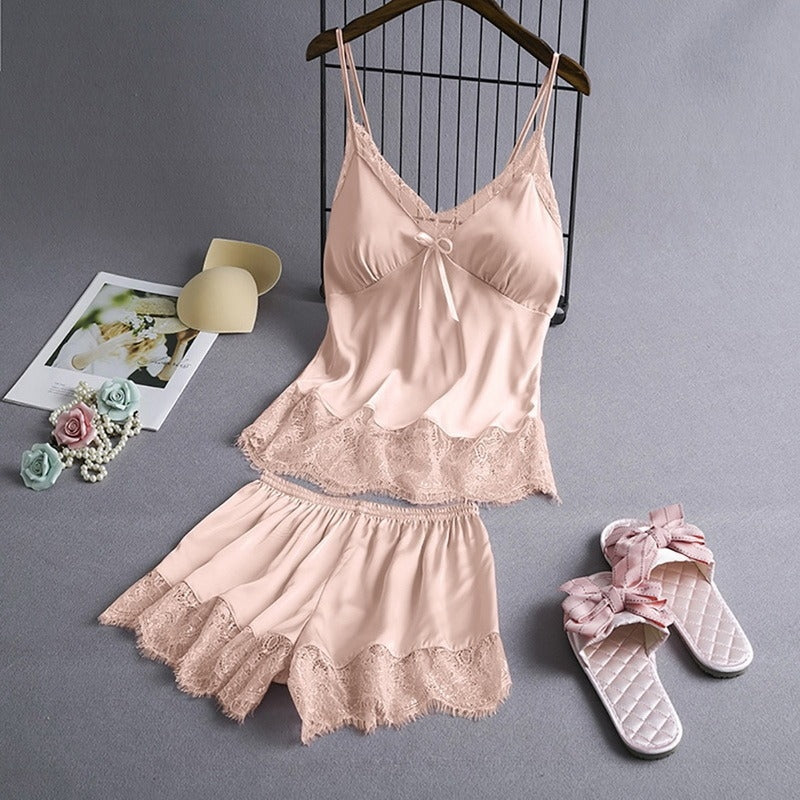 Women Fashion Nsexy Solid Color Lace Camisole Loose Shorts Pajamas Two-Piece Set