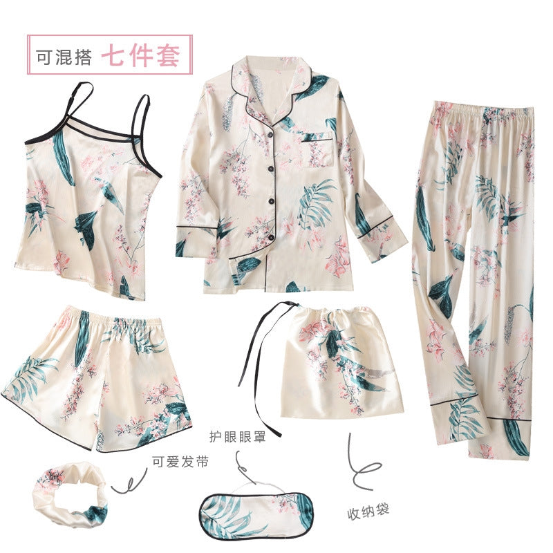 Women Simple Casual Stripe Printed Thin Pajamas Seven-Piece Set