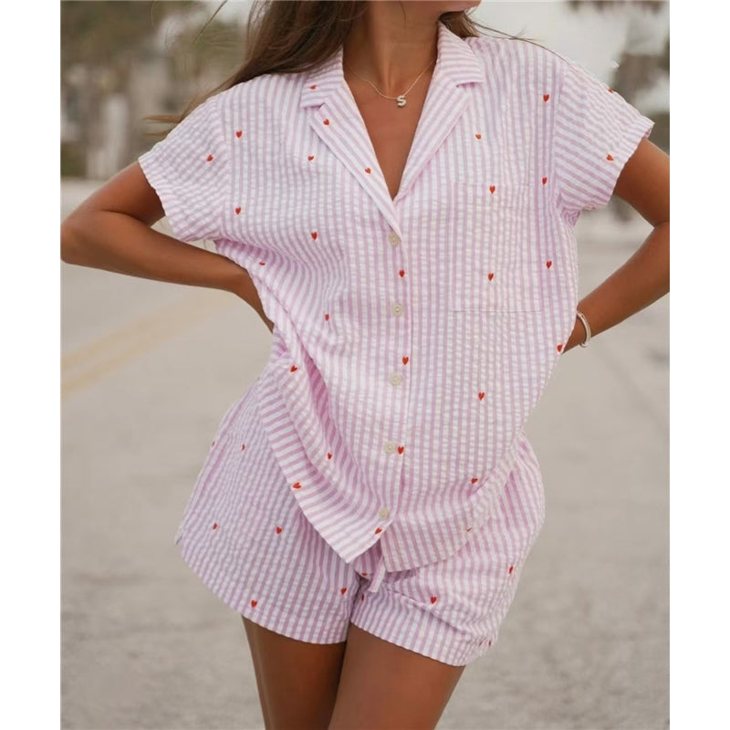 Women Fashion Casual Love Printed Lapel Short-Sleeve Blouse Loose Shorts Pajamas Two-Piece Set