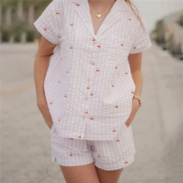 Women Fashion Casual Love Printed Lapel Short-Sleeve Blouse Loose Shorts Pajamas Two-Piece Set