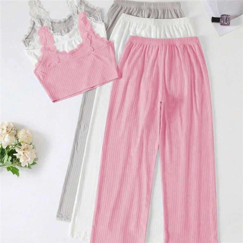 Women Fashion Solid Color Lace-Trimmed Crop Top Loose Pants Pajamas Two-Piece Set