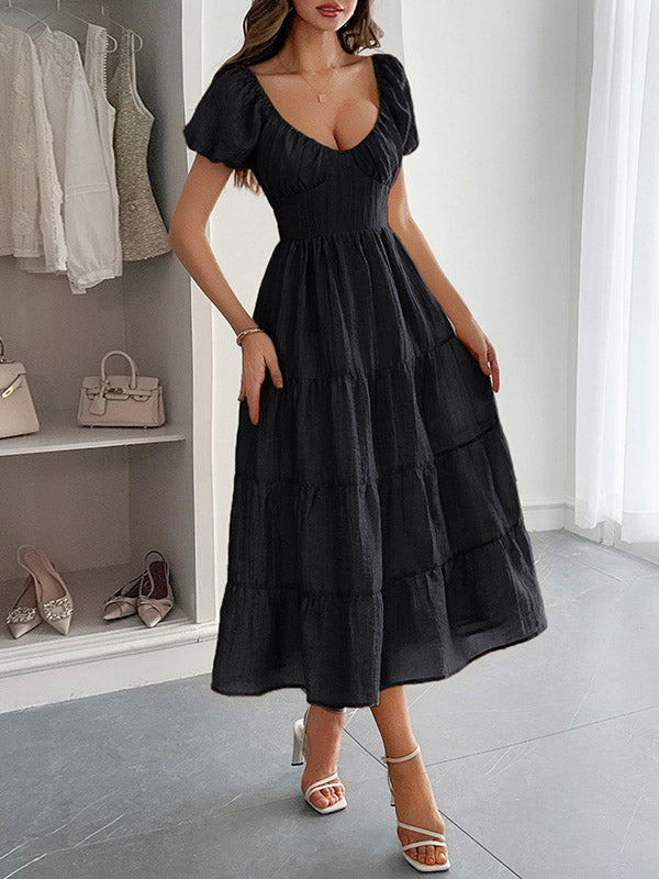 A-Line Loose Backless Pleated Solid Color Tied V-Neck Midi Dresses