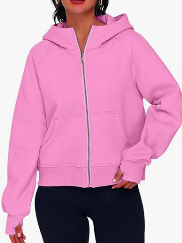 Hooded Long Sleeves Pockets Solid Color Zipper Jackets Outerwear