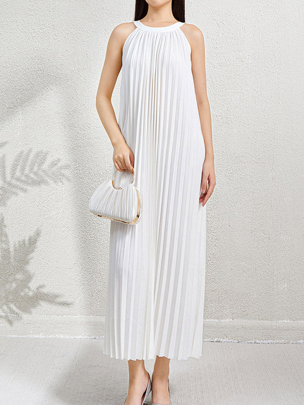Loose Sleeveless Hollow Pleated Pockets Solid Color Halter-Neck Maxi Dresses