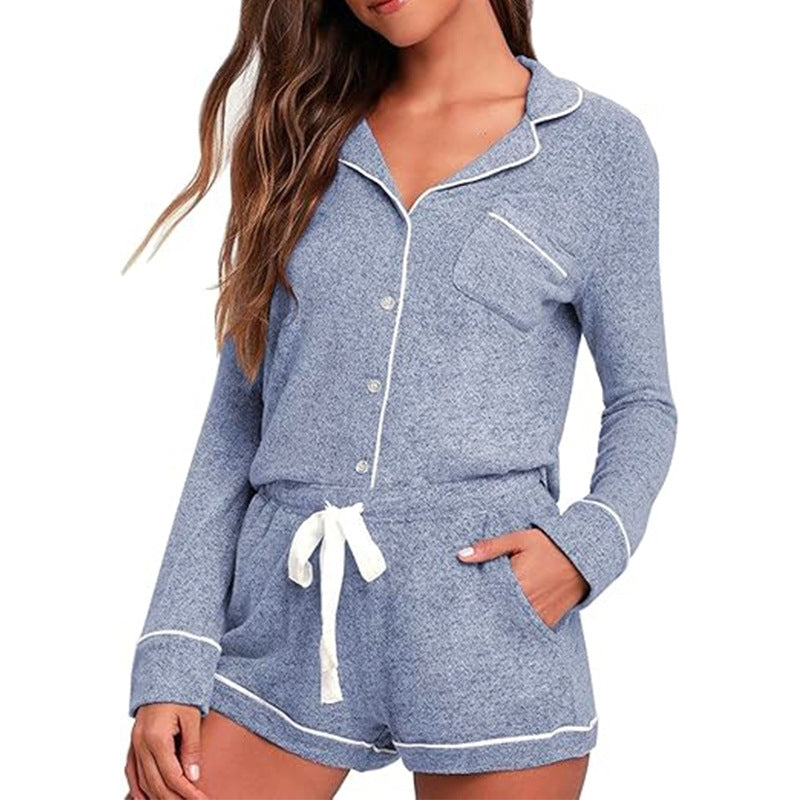 Women Fashion Casual Lapel Long Sleeve Pocket Top Drawstring Shorts Pajamas Two-Piece Set