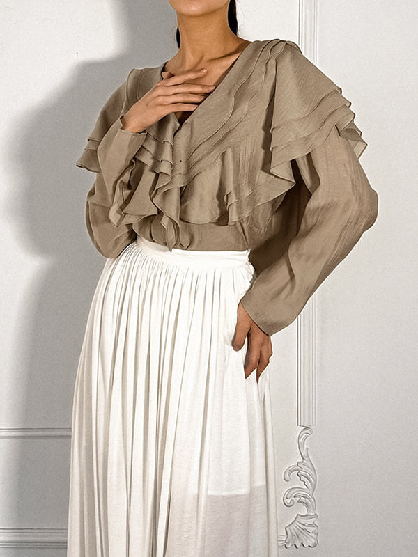 Long Sleeves Backless Ruffled Solid Color V-Neck Blouses&Shirts Tops