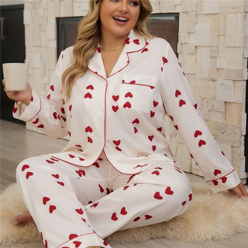 Women Fashion Casual Plus Size Love Printed Lapel Long-Sleeve Top Loose Pants Pajamas Two-Piece Set
