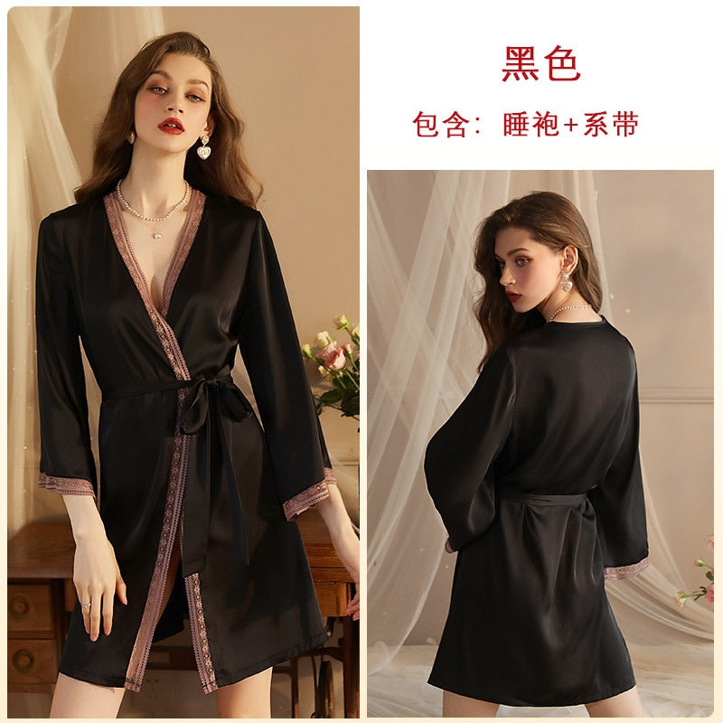 Women Fashion Sexy V-Neck Long Sleeve Silk Lace Home Pajamas