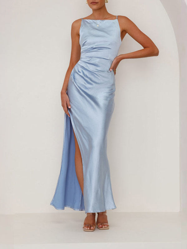 Sleeveless Pleated Solid Color Split-Joint Split-Side Spaghetti-Neck Midi Dresses