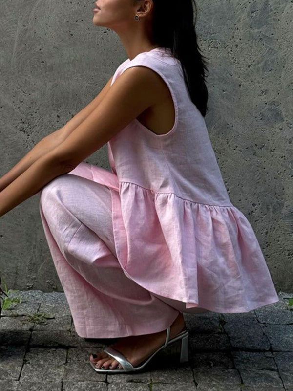 Loose Split-Joint Sleeveless Pleated V-Neck Vest + Pants Trousers Two Pieces Set