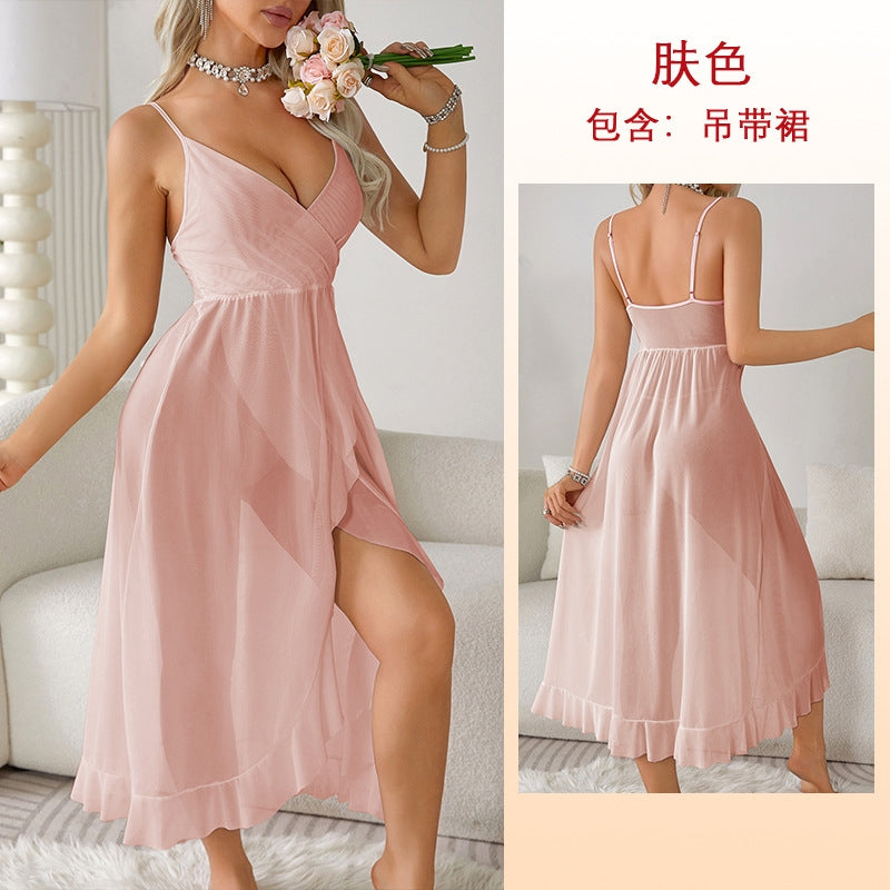 Women Fashion Sexy Deep V Backless Mesh Perspective Sling Sexy Pajamas