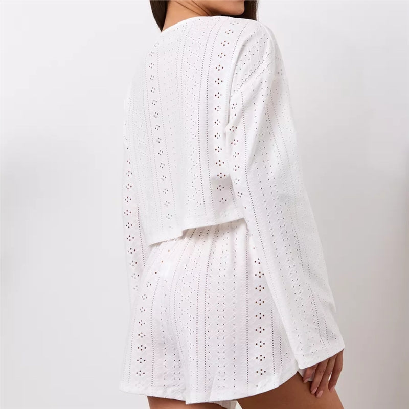 Women Fashion Casual Solid Color Hollow-Out Long-Sleeve T-Shirt Loose Shorts Pajamas Two-Piece Set