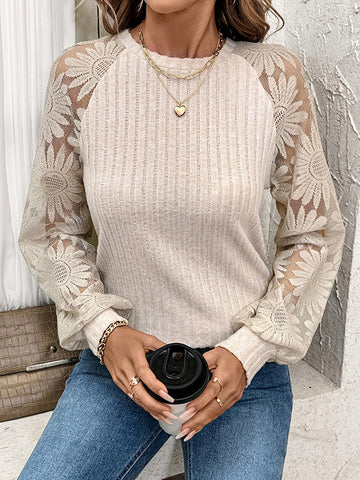 Long Sleeves Loose See-Through Split-Joint Round-Neck T-Shirts Tops