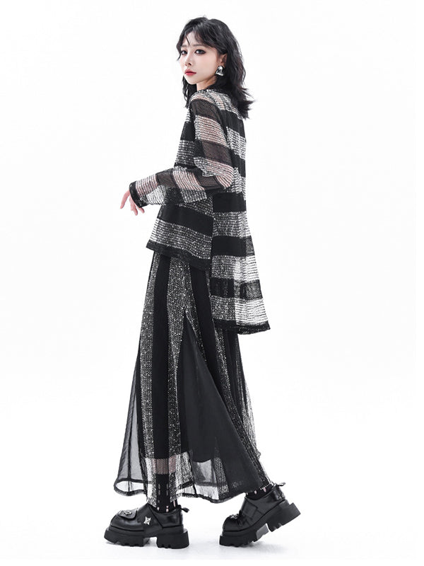 Striped Contrasting Color Elastic Round-Neck  Long-Sleeved See-Through Blouses&Shirts Tops+ Skirt Bottom Two Pieces Set