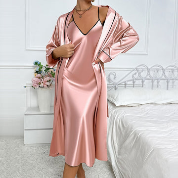 Women Fashion Solid Color Imitation Silk Spaghetti Strap Dress Long-Sleeve Lace-Up Coat Pajamas Two-Piece Set